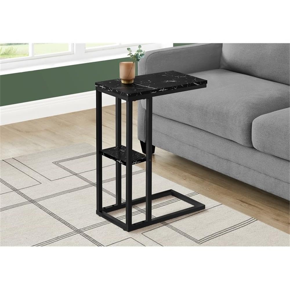 Monarch Specialties I 3674 Accent Table, C-Shaped, End, Side, Snack, Living Room, Bedroom, Metal, Laminate, Black Marble Look, Contemporary, Modern